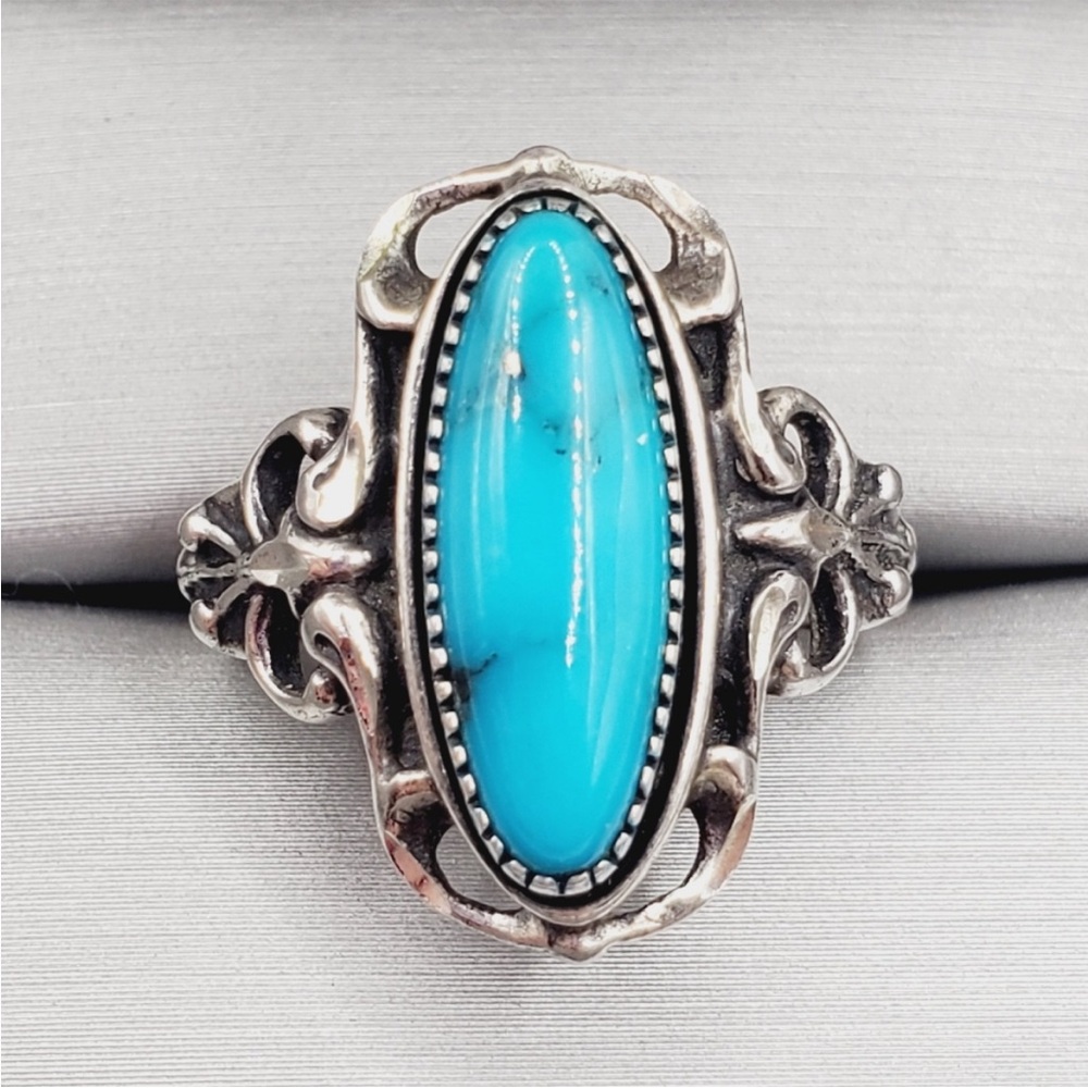 Genuine Elongated Blue Turquoise 925 Sterling Silver Navajo Vintage Bow Ring